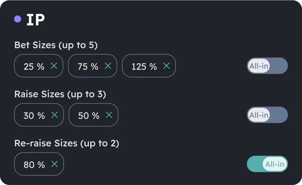 Bet sizing configuration screen for in-position player including preflop raise and re-raise size selection.