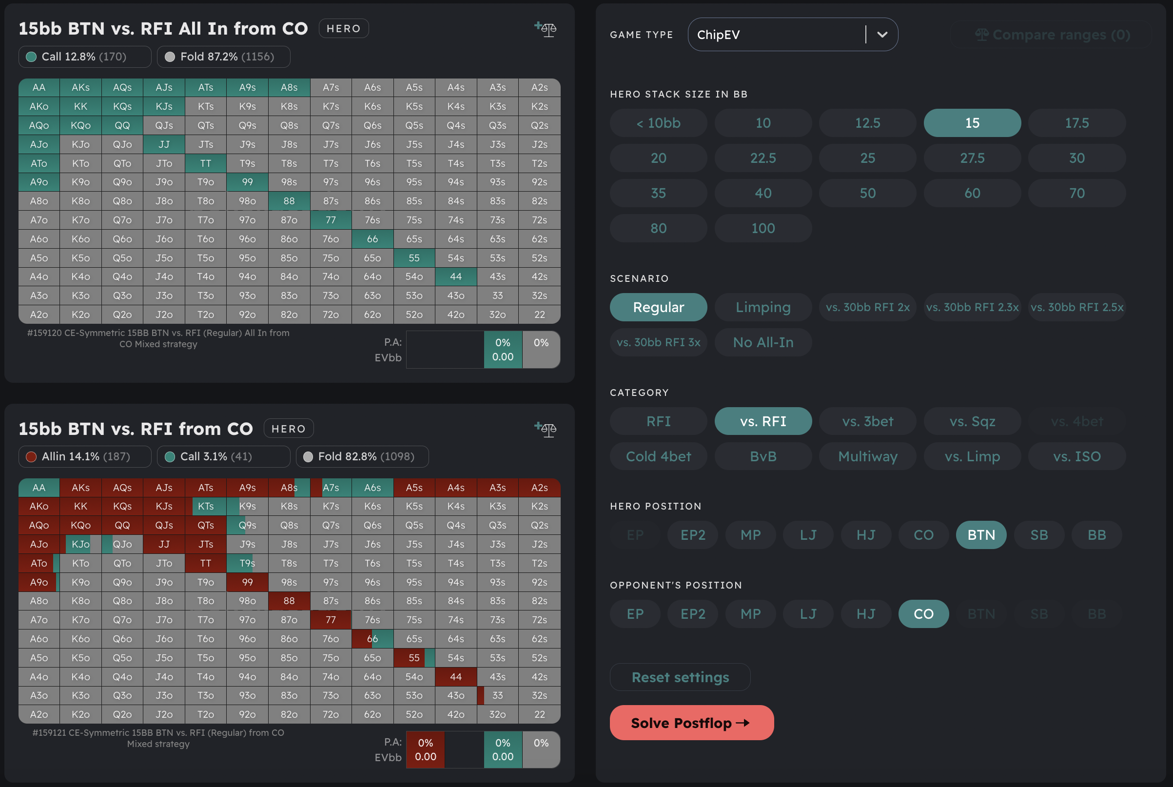 Preflop charts image with 2 poker matrixes and configuration panel