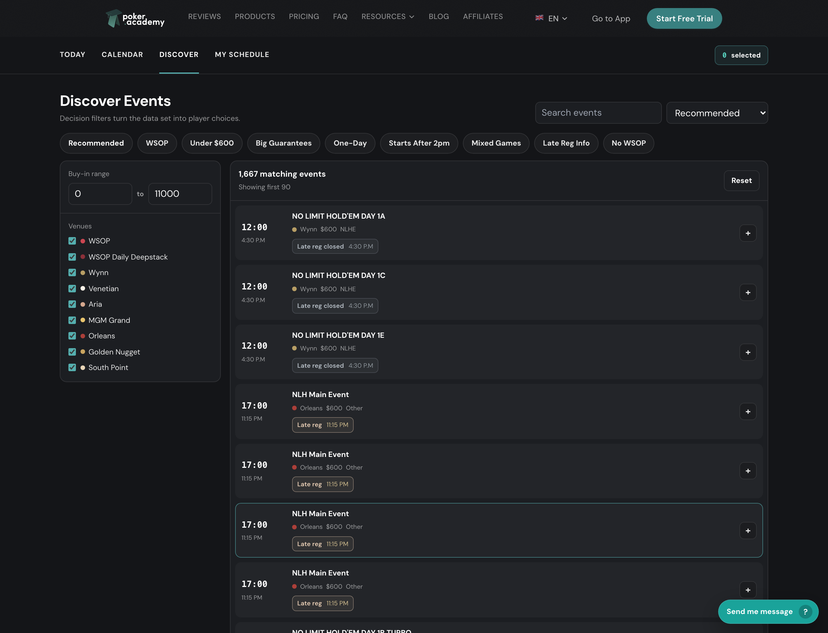 Vegas Poker Calendar Discover view with decision filter chips, buy-in range slider, venue checkboxes, and a list of matching events