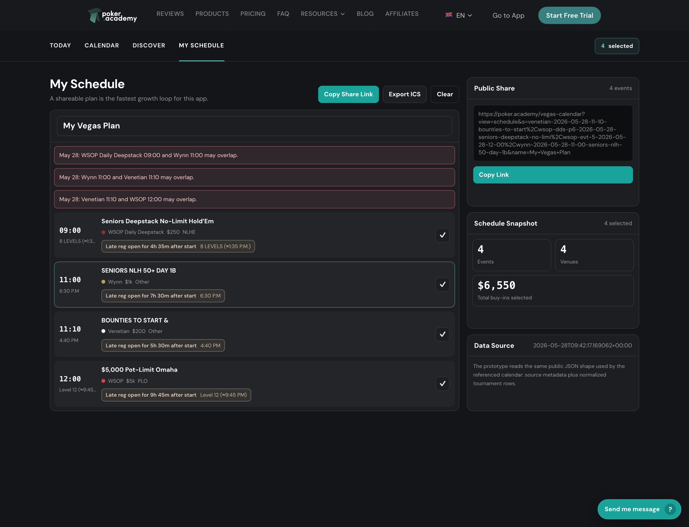 Vegas Poker Calendar My Schedule view with selected events, overlap conflict warnings, total buy-in counter, and Copy Share Link and Export ICS buttons