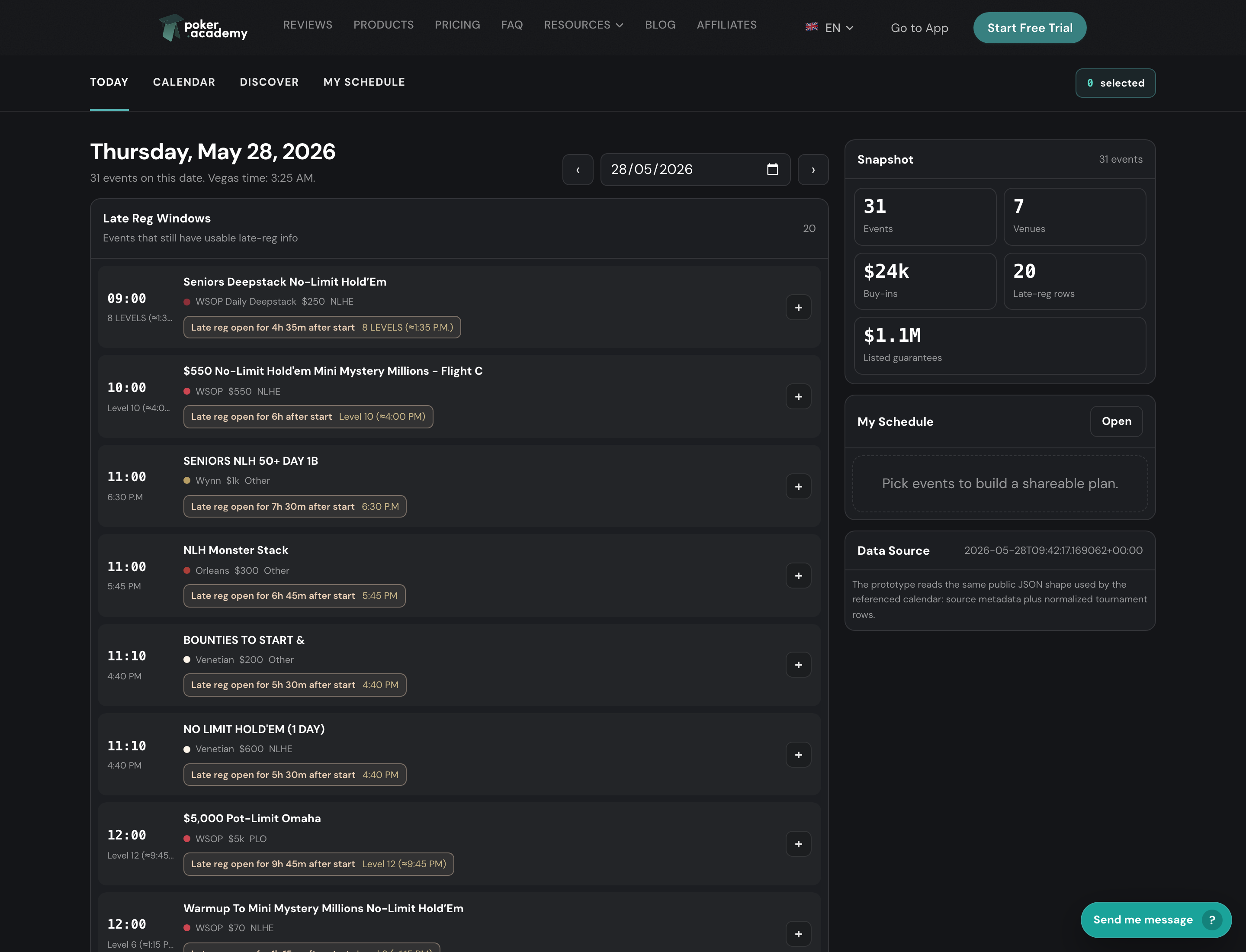 Vegas Poker Calendar Today view showing late registration windows for May 28 with event times, buy-ins, and late-reg badges
